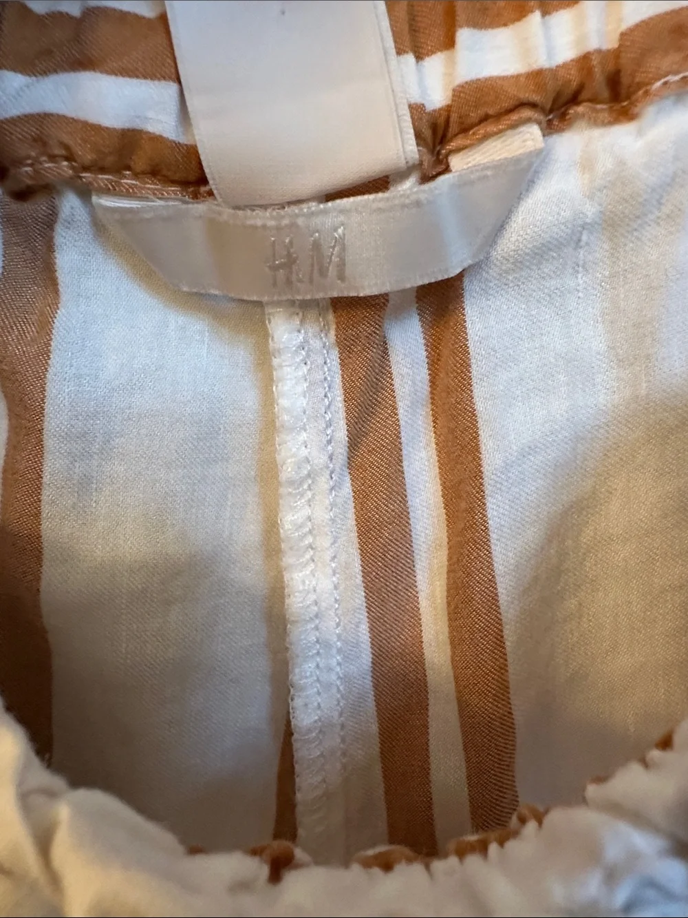 H&M Linen Blend Wide Leg Pants – Cream w/Brown Stripes, Paperbag Waist, Size 10